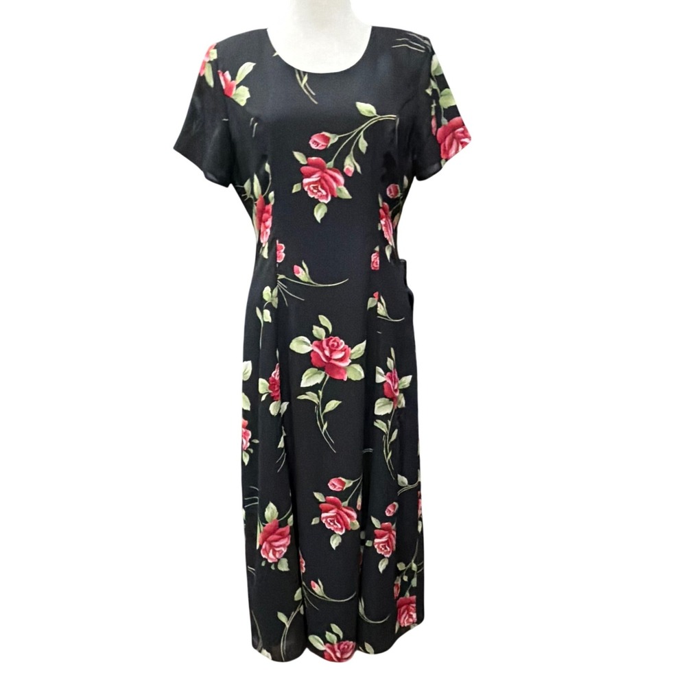 Vintage 90s Dawn Joy Floral Midi Dress Womens 5/6 Black Red Rose Romantic Goth